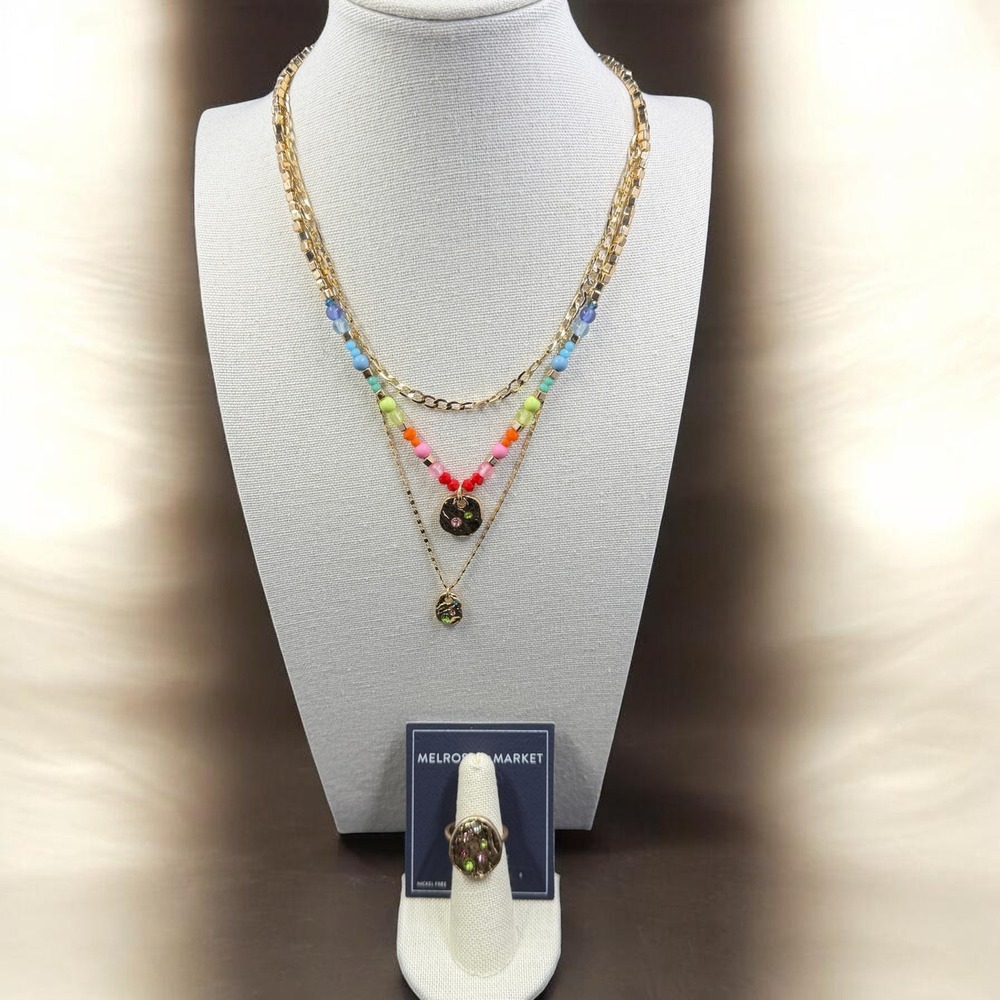 Melrose And Market Layered Beaded Gold Necklace Crystal Charm Ring Set Boho Chic